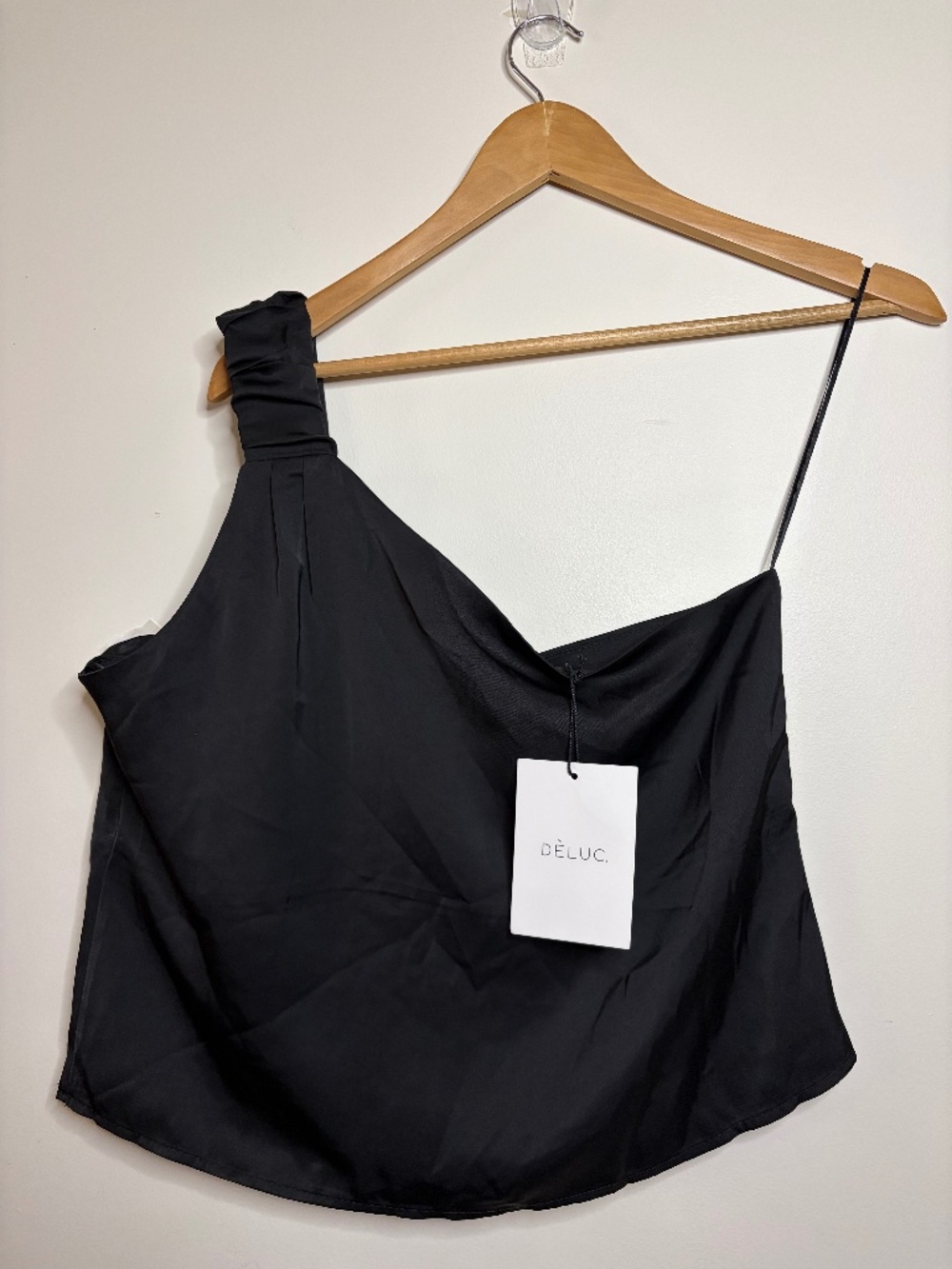Dèluc Black One Shoulder Satin Top Asymmetrical Blouse NWT Minimalist Date Night